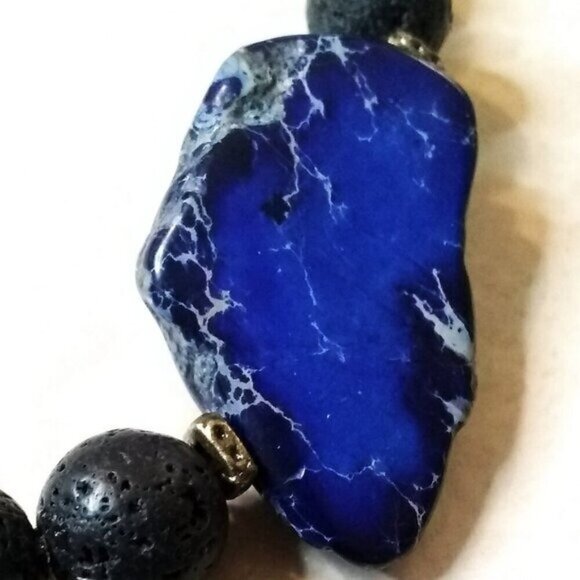 Blue Sea Sediment Jasper + Lava Beads Bracelet - Large Men's Bracelet 8.5" Wrist - Picture 6 of 11